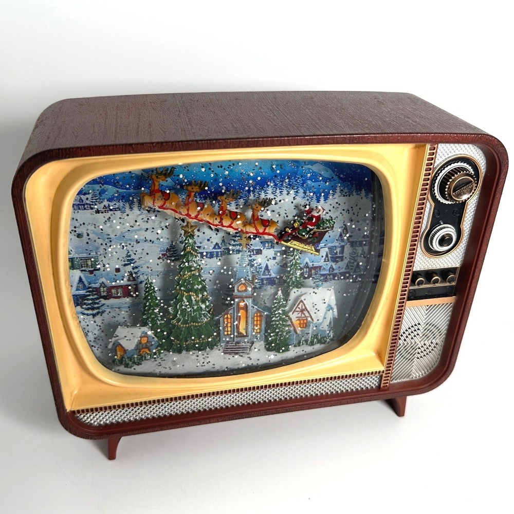 Christmas Retro TV Water Musical Snow Globe Light Flying Santa Sleigh Village
